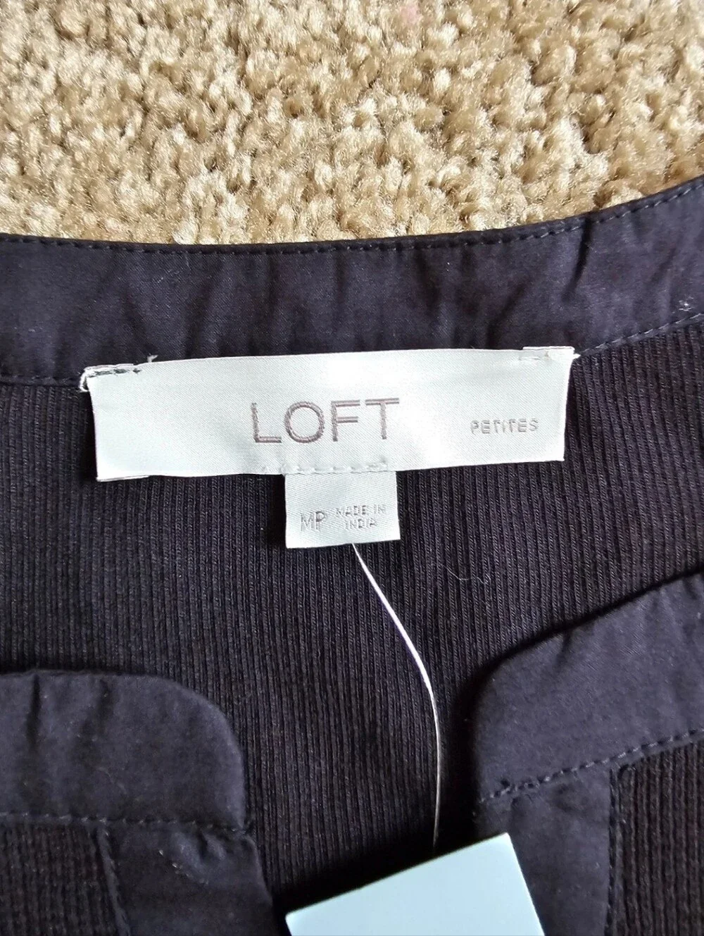 LOFT Black Henley with White Grid Puff Sleeves